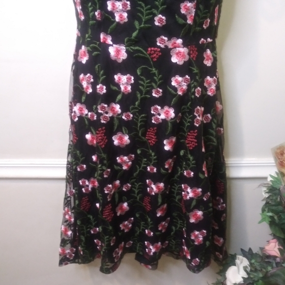 Modcloth Rose & Green Floral Embroidered Black Net Dress - Picture 4 of 13